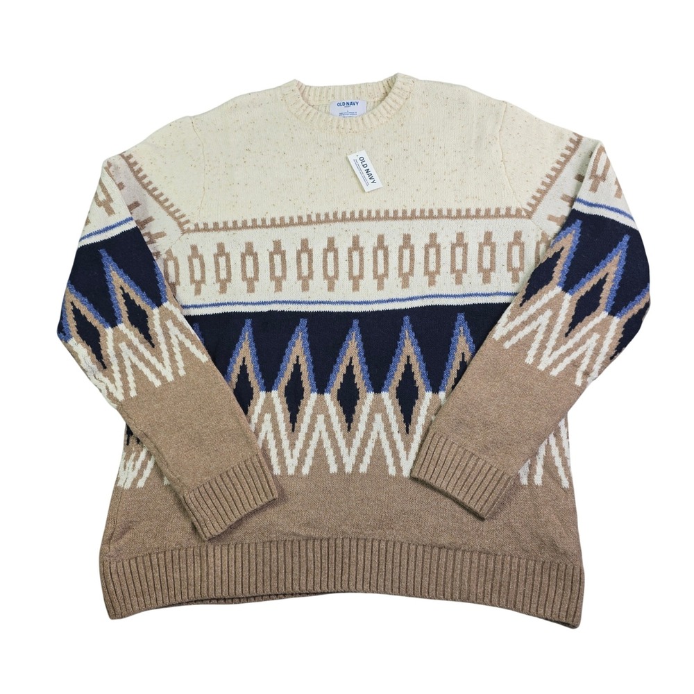 Old Navy SoSoft Sweater Mens L Cream Tan Navy Geometric Fair Isle Knit Cozy New
